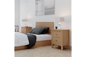 Buyqualia Conjunto de cabecero y Dos mesitas de Noche de Dos cajones en Madera Maciza (Natural)