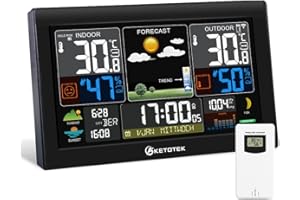 KETOTEK Bezprzewodowa stacja pogodowa do użytku wewnątrz i na zewnątrz, z wyświetlaczem VA, cyfrowy termometr, higrometr, budzik DCF, barometr, prognoza pogody, wschód słońca w mieście, faza księżyca