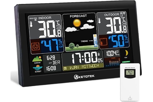 KETOTEK Station météo intérieure extérieure sans fil avec capteur LCD thermomètre numérique hygromètre, radio-réveil DCF, baromètre, prévisions météorologiques