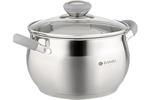 Daniks Modern Faitout Inox 18 cm 2.9 L, Casserole avec Couvercle en Verre, Tous Feux y Compris Induction, Poignées en Silicone, Échelle de Mesure, Argent