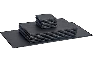 Argon Tableware Rectangle Slate Placemats, Drink Coasters & Platter Set - 13pc - Black Natural Slate Dinnerware Place Settings Dining Mats for Kitchen, Home, Bar, Restaurant, Weddings, Events