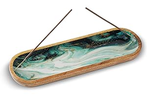 Folkulture Incense Holder or Incense Burner Holder, Insence Holder for Joss Sticks, Wooden Inscent Stand, Ash-Catcher for Insent Sticks for Home Décor Accessories, Mango Wood, Green Agate