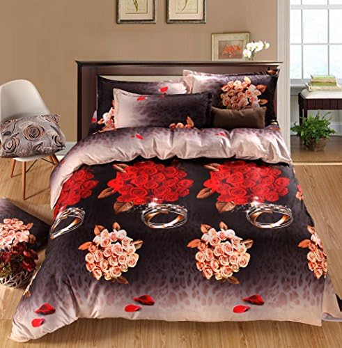HOHAI 3D Bedding Set Home Textile 4Piece Bed Sheet Set Red Rose Ring Pattern Duvet Cover Comforter Set Bedclothes Double Size