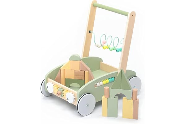 UMU® Trotteur en bois 5 en 1 pour tout-petits avec roues en caoutchouc, trotteur pour enfants avec centre d'activité (tri et construction avec blocs, jeu de perles, etc.)