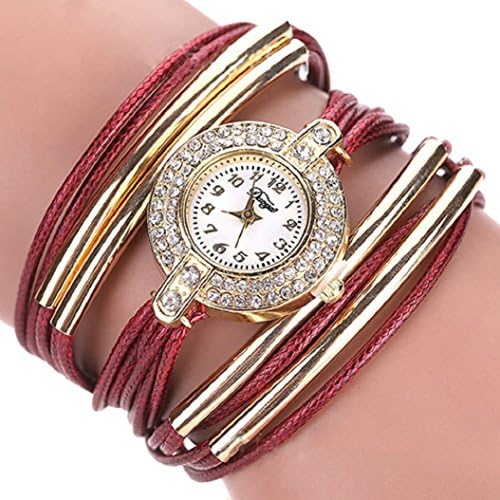 Womens Lady Multi-Layer Copper Tube Wax Rope Rhinestone Dress Bracelet Watch (Burgundy)