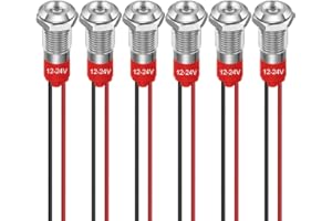 GUUZI 8mm Voyant LED 12-24V Signal Lumineux étanche Panneau Métallique Voyant LED Montage sur Panneau Tête Plate avec Fils Coque Argentée (Blanc, 6pcs)