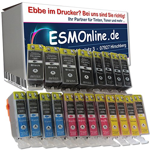 20 komp. Drucker Patronen mit Chip für Canon PGI-525BK CLI-526BK CLI-526C CLI-526M CLI-526Y, 4 x schwarz 4 x photoschwarz 4 x blau 4 x rot 4 x gelb