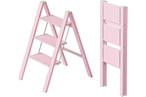 Rosa 3 Stufen Leiter, Ladnamy 3 Stufen Trittleiter klappbar, Aluminium Tritthocker, rutschfest & Tragbarer Stehleiter, Maximale Tragfähigkeit 150KG