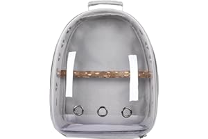 HEITIGN Bird Carrier Backpack Cage Transparent Parrot Carrier 1 Stick Wooden Standing Perch 12 Holes Ventilate Transparent Space Capsule Carrier Portable Bird Small Animal Travel Cage (gray)
