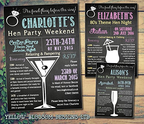 10 Personalised Hen Party Weekend Itinerary Hen Night Invitations Girls Final Fling Before The Ring Chalkboard Martini Cocktail Champagne Glass Multi Colour Poster Style