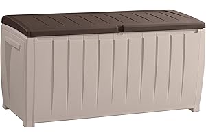 Keter Novel Outdoor Plastic Storage Box, Wood-Panel Effect with 340L Capacity, Lockable Lid with Easy-Open Support, 124 x 55 x 62.5 cm, Beige and Brown