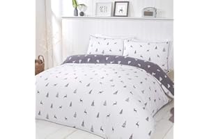 Sleepdown Stag & Trees Grey White Reversible Duvet Cover Quilt Bedding Set with Pillowcases Warm Cosy Thermal Soft Flannelette 100% Brushed Cotton - King (220cm x 230cm)