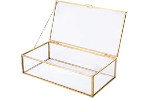 Homtone Copper Golden Vintage Glass Lidded Box, Decorative Jewelry Keepsake Display Organizer Clear Rectangle Golden Box for Wedding Party Decor (20x11x5.9cm, Gold)