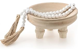 AMYHILL 2 Pcs Wood Footed Bowl Wooden Bowls with Wood Bead Garland Vintage Decorative Bowls for Home Decor Beaded Garland with Tassels Decorative Wooden Bowl with Legs Farmhouse Fruit Bowls (Light Colors)