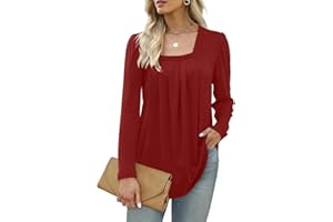 Sampeel Womens Long Sleeve Tops Ladies Sweatshirts Square Neck Jumpers Pleated Loose Fit Tunic