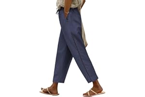 CMTOP Pantalones Mujer Verano Casuales de Lino Pierna Pantalones con Bolsillos Salón Cordón Elástico Cintura Suelta Cómodo Pantalones