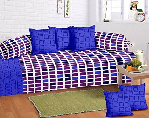 Premium Quality Diwan Set 104 Thread Count 100% Cotton Attractive Print Blue Bed Sheet With Bolster &amp; Cushion Covers Set
