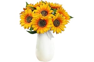 Olrla 10 Tournesols Fleurs Artificielles Réaliste Tige Unique, Tournesols Décoratifs en Faux Soie pour Mariage Home Party Bouquet De Mariée