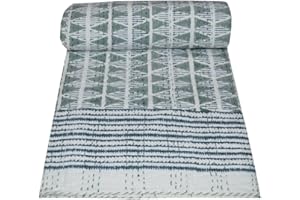 MAVISS HOMES Indian Hand Block Print Kantha Quilt - Queen Size Bedspread, White Cotton Throw Bedding (90 X 108 Inch, Green)
