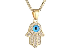 AsAlways 18K Gold Plated Hand of Fatima Pendant Inlay CZ Vintage Hip Hop Rock Punk Totem Amulet Charm Evil Eye Fatima Hamsa Hand Necklace, Stainless Steel, Cubic Zirconia