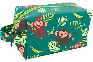 PONETTE - Neceser Infantil en Tejido Verde Caza con Divertido Estampado de Monos en la Selva con Plátanos y Hojas, Niño, Niña, Viaje, Estuche, Bolsa, Colegio, Marca Española