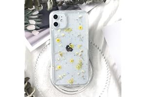 Tybiky Funda para iPhone 13 con flores reales para teléfono móvil, funda protectora de goma transparente de cristal hecha a mano con flores secas coloridas para Apple iPhone 13. Pequeña flor amarilla