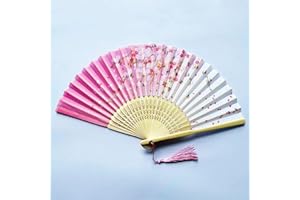 Yukiyi - Éventail pliable à main pour femme, en bambou et tissu de soie, avec pompon - Décoration murale, fête de mariage - Motif fleur - Rose