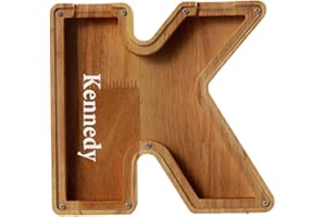 YSINOBEAR Personalized Letter Piggy Bank ,Wooden Jar Coin Saving Money Box ,Alphabet Piggy Bank for Children ,Letter Coin Bank Wooden Money Box Frame Wood ,Letter Piggy Bank For Boys (K)