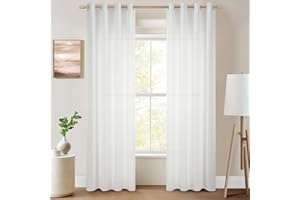 ‎TOPFINEL Topfinel Voile Vorhänge mit Ösen Halbtransparent Gardine Leinenstruktur Garn Muster Fensterschal für Zimmer, Büro, 2er Set 245x140 (HxB) Weiß