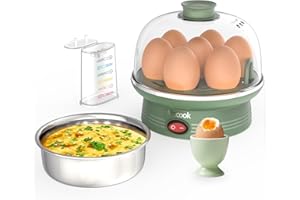 Macook Egg Cooker & Stainless Steel Steamer, 7 Egg Capacity Electric Egg Boiler, Quick Boiling, Auto-Off, 350W, Green - Includes Measuring Cup, Stickers & Removable Tray (Green)