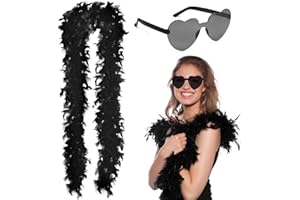 LGZIN Boa en Plumes de 2M, Boa à Plumes Noir avec Lunettes en Forme de Cœur, Boa de Plumes Moelleuses, Plume Clapet Boas pour Cosplay Mariage Fête Anniversaire Carnaval Halloween Noël