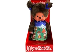 Sekiguchi 243082 - Original Monchhichi Mädchen, Plüschfigur mit Kleid und Zöpfen mit Schleifen, ca. 20 cm großes Kuscheltier aus braunem Plüsch
