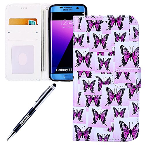 Samsung Galaxy S7 edge case,Samsung Galaxy S7 edge Flip Wallet Case,JAWSEU Premium Flower Animal Cartoon Pattern PU Leather Wallet Case Cover Pouch Magnetic Closure with Card Slots for Samsung Galaxy S7 edge,Kickstand,Credit Card Holder,Book Style Flip Wallet - Pink butterfly