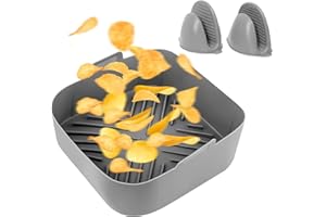 SALADOCY Silikonform Für Heißluftfritteuse, 7.8 Zoll Wiederverwendbar Luftfritteuse Silikontopf, Hitzebeständig Einfache Reinigung für Mikrowelle Ofenzubehör + Zwei Ofenhandschuhen