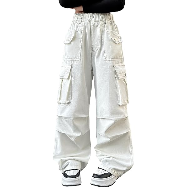 Pantalon Cargo Fille 2025 - Taille élastique, Coupe Baggy, Coton Mélangé - Pour Enfants 4-15 Ans - Idéal Printemps/été