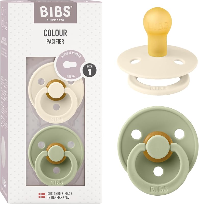 BIBS Colour Pacifiers | Set of 2 BPA-Free Latex Baby Pacifiers | Round Nipple | Made in Denmark (Sage/Ivory | 0-6 Months)