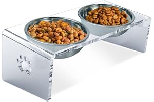 Giznzg Gamelle Chat Surélevée, Gamelle Chien Surelevee, Station d'alimentation inclinable à 15° avec Support en Acrylique, Deux Bols en Acier Inoxydable (10-12cm Hauteur)