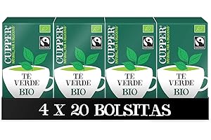 Cupper - Pack de 4 Cajas de 20 Bolsitas de Té Verde Ecológico - Propiedades Antioxidantes y Diuréticas - Ideal entre Horas y para el Control del Peso - Apto para Veganos