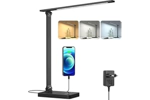 ‎LEPRO Lepro Schreibtischlampe, LED Tischlampe Dimmbar, Nachttischlampe 750LM 3 Farben und 5 Helligkeitsstufen, Tageslichtlampe, Tischleuchte, Schreibtisch Lampe für Kinder, Büro, Kunststoff, Schwarz