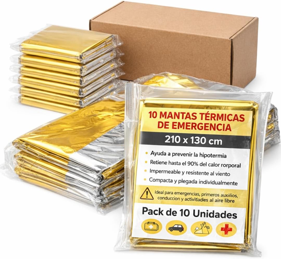 Manta Térmica de Emergencia Pack 10 Unidades – Manta Supervivencia Aluminizada Doble Cara Dorado/Plateado 210 x 130 cm – Prevención de Hipotermia para Coche, Montaña, Camping y Primeros Auxilios