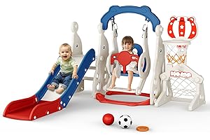 STYPLZ Scivolo per bambini, grande con cestino da basket, struttura per arrampicata da giardino, telescopio, spazio di archiviazione per 1-3 anni, extra lungo 1700 mm (calcio + pallacanestro 4 cestini +