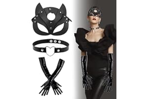 Aurasky Mascara Catwoman, Choker Corazón, Guantes de Charol, Mascara Halloween, Máscara de Cuero PU Negro, Antifaz Sexy Mujer, Disfraz de Catwoman para Mascarada Halloween Carnaval Cosplay
