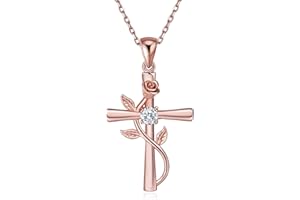 BlingGem Collier pour Femme Croix Rose Argent 925/1000 Oxyde de Zirconium Fleur Pendentif Collier Mère Fille Cadeau pour Femme 48 cm