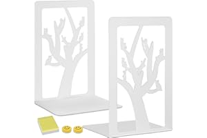 Qualsen 1 Paia Fermalibri Per Mensole，Reggilibri in Metallo Bianco Reggi Libri，Reggilibri in ad Gatto Sull'albero,Reggilibri in Metallo，Fermalibri Decorativi per Casa, Ufficio, Studenti Regalo