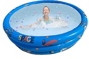 IRUNFAST Paddling Pools for Kids, 130CM Round Inflatable Kids Swimming Pool, 3 Ring Paddling Pool with Inflatable Safety Bubble Floor, Space theme Swimming Pool for Kid Gardens Backyard Indoor (Blue)