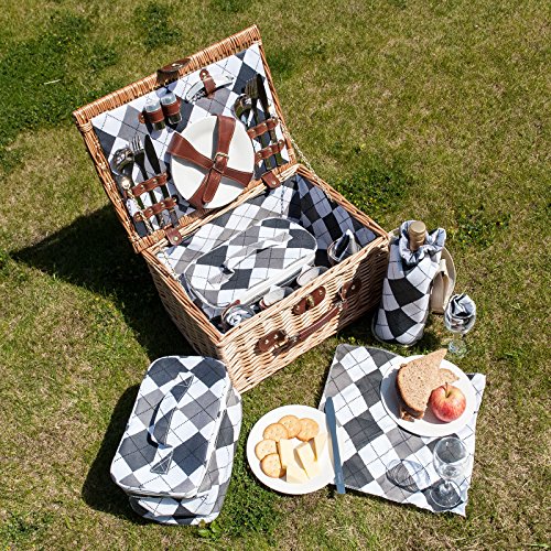 Savisto Luxus 4 Personen Picknickkorb mit komplettem Picknick-Set inkl. Teller, Besteck, Weingläsern, Kühltaschen und Weinkühler - 2