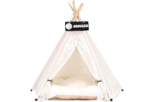 SEOUGEE Pets Teepee Tent for Dogs and Cats Washable and Removable Cotton Canvas Dog Bed and Cat House with Cushion Indoor and Outdoor Pet Kennel and Play House Portable and Stylish Tipi Design