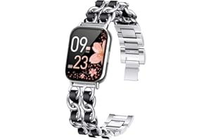 Blueshaweu Damen Kettenbänder Kompatibel mit SWGOTA 2023 Smartwatch Damen 1.85", Edelstahlband Lederschlaufe Ersatzarmband für SWGOTA CS2PRO Smartwatch