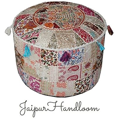 jaipurhandloom Blanc Indien Pouf Tabouret à motif patchwork vintage avec housse Patchwork Ottoman de Salon, 46 x 33 cm ou 45,7 x 33 cm