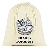 Ekmek Torbası, Pamuk Bez Torba, 40x40 cm, Baskılı Ekmek Desenli, Krem Rengi